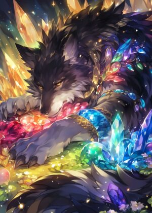 Dreaming Crystal Wolf: A Fantasy Art Print - Premium Wooden Framed Poster. Ready to Hang.