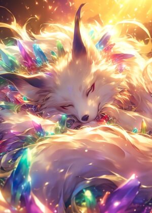 Dreaming Crystal Kitsune: A Magical Fantasy Art Print - Premium Wooden Framed Poster. Ready to Hang.