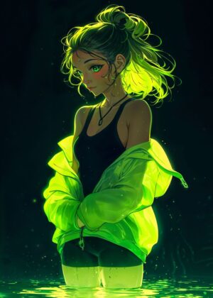 Neon Green Glow Anime Girl Art Print - Premium Wooden Framed Poster. Ready to Hang.