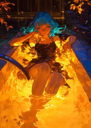 Anime Girl in Molten Gold Bath: Digital Art Print - Premium Wooden Framed Poster. Ready to Hang.