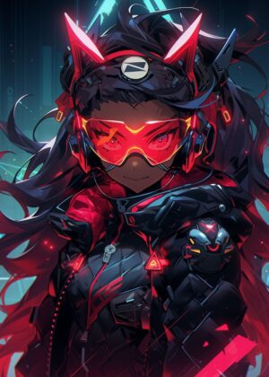 Futuristic Neon Girl: Cyberpunk Anime Art Print - Premium Wooden Framed Poster. Ready to Hang.