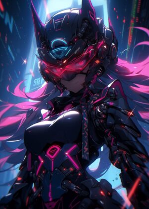 Cyberpunk Anime Girl: Futuristic Neon Art Print - Premium Wooden Framed Poster. Ready to Hang.