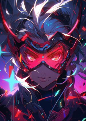 Futuristic Neon Girl: Cyberpunk Anime Art Print - Premium Wooden Framed Poster. Ready to Hang.