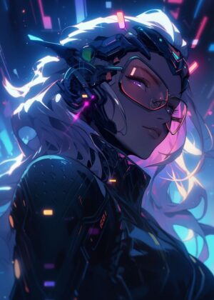 Futuristic Neon Girl: Cyberpunk Anime Art Print - Premium Wooden Framed Poster. Ready to Hang.