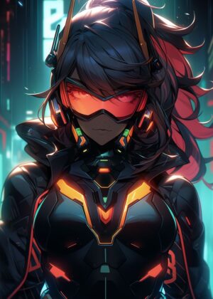 Futuristic Neon Girl: Cyberpunk Anime Art Print - Premium Wooden Framed Poster. Ready to Hang.