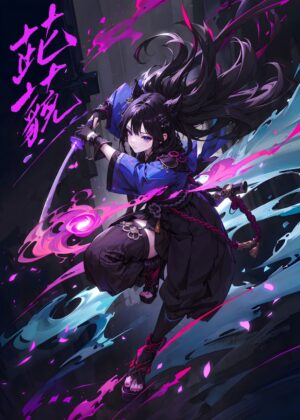 Samurai Girl Ninja: Dynamic Anime Art Print - Premium Wooden Framed Poster. Ready to Hang.