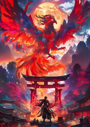 Mystery Phoenix Rising: A Japanese Fantasy Artwork - Premium Wooden Framed Poster. Ready to Hang.