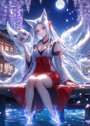 Kitsune Mask: Moonlight Serenade - Premium Wooden Framed Poster. Ready to Hang.