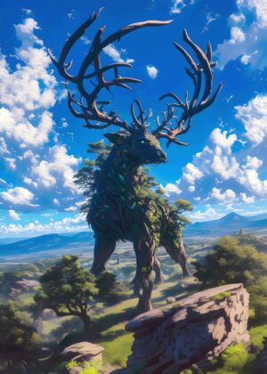 Majestic Mountain Deer: Fantasy Art Print - Premium Wooden Framed Poster. Ready to Hang.
