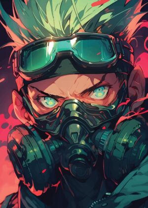 Satoru Gojo Inspired Anime Art Print: Glowing Eyes & Protective Gear - Premium Wooden Framed Poster. Ready to Hang.