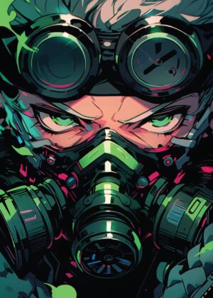 Cyberpunk Anime Warrior: Glowing Green Eyes - Premium Wooden Framed Poster. Ready to Hang.