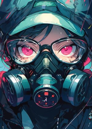 Anime Girl in Gas Mask: Cyberpunk Art Print - Premium Wooden Framed Poster. Ready to Hang.