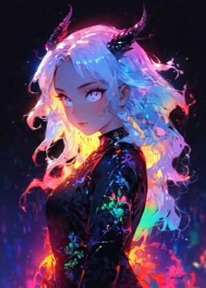 Celestial Colors: Anime Girl Art Print - Premium Wooden Framed Poster. Ready to Hang.