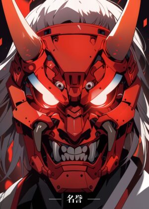 Cyberpunk Oni Samurai Art Print - Premium Wooden Framed Poster. Ready to Hang.