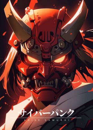 Arise Samurai: Digital Art Print of a Fierce Oni Mask - Premium Wooden Framed Poster. Ready to Hang.