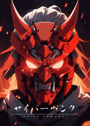 Arise Samurai: Fiery Red Oni Mask Artwork - Premium Wooden Framed Poster. Ready to Hang.