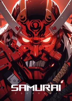 Crimson Samurai Demon: Fierce Digital Art Print - Premium Wooden Framed Poster. Ready to Hang.