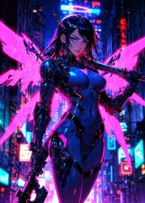 Neon Angel: Cyberpunk Anime Girl Art Print - Premium Wooden Framed Poster. Ready to Hang.