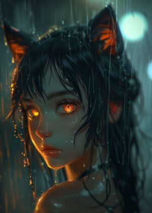Neon Glow Anime Cat Girl Art Print - Premium Wooden Framed Poster. Ready to Hang.