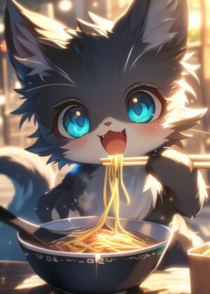 Adorable Anime Cat Enjoying Ramen - Premium Wooden Framed Poster. Ready to Hang.