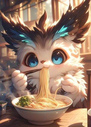 Adorable Owl Enjoying Ramen - Digital Art Print - Premium Wooden Framed Poster. Ready to Hang.