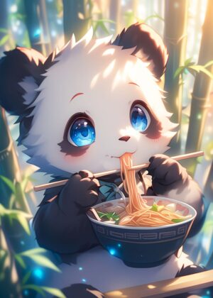 Adorable Panda Enjoying Ramen: A Whimsical Anime-Style Print - Premium Wooden Framed Poster. Ready to Hang.