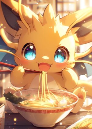 Adorable Baby Dragon Enjoying Ramen: Anime Art Print - Premium Wooden Framed Poster. Ready to Hang.