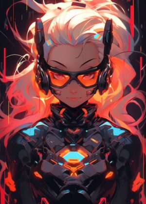 Futuristic Neon Girl: Digital Art Print - Premium Wooden Framed Poster. Ready to Hang.