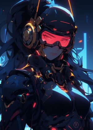 Futuristic Neon Girl: Cyberpunk Anime Art Print - Premium Wooden Framed Poster. Ready to Hang.