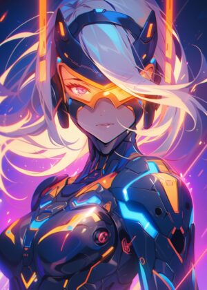Futuristic Neon Girl: Cyberpunk Anime Art Print - Premium Wooden Framed Poster. Ready to Hang.