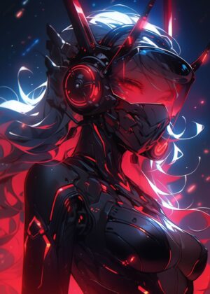 Futuristic Neon Girl: Cyberpunk Anime Art Print - Premium Wooden Framed Poster. Ready to Hang.