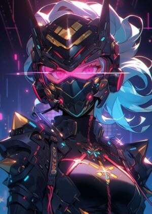 Futuristic Neon Girl: Cyberpunk Anime Art Print - Premium Wooden Framed Poster. Ready to Hang.