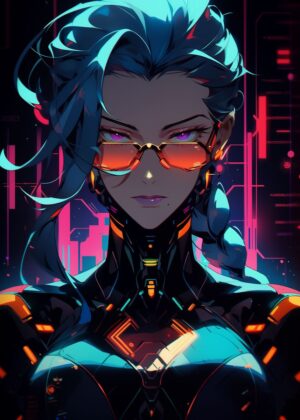 Futuristic Neon Girl Art Print - Premium Wooden Framed Poster. Ready to Hang.