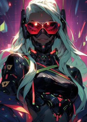 Cyberpunk Neon Girl Art Print - Premium Wooden Framed Poster. Ready to Hang.
