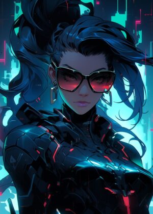 Futuristic Neon Girl: Cyberpunk Art Print - Premium Wooden Framed Poster. Ready to Hang.