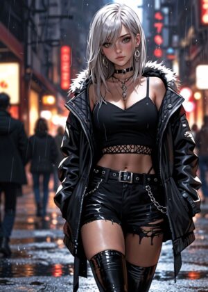 Stunning Anime Girl in Rainy Cityscape - Premium Wooden Framed Poster. Ready to Hang.