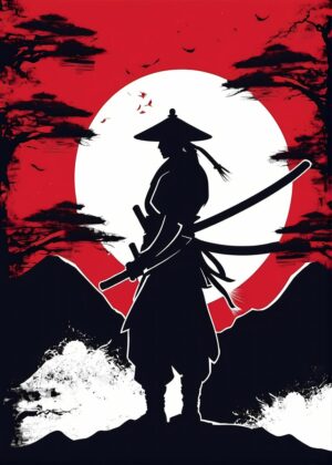 Silhouette of a Samurai Warrior Against a Red Moon - Premium Wooden Framed Poster. Ready to Hang.