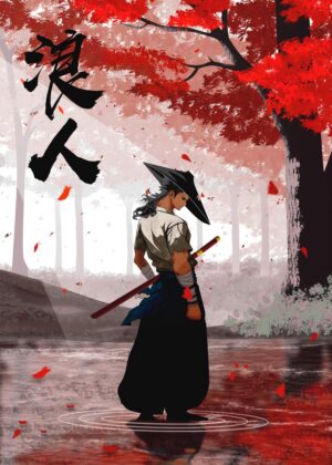 Ronin: Autumn's Embrace - Digital Art Print - Premium Wooden Framed Poster. Ready to Hang.