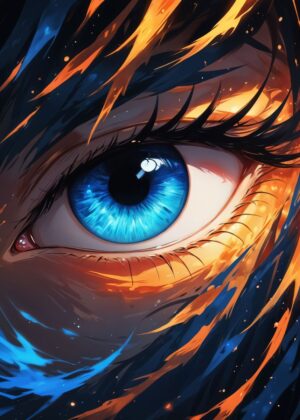Anime Blue Eyes Fire Art Print - Premium Wooden Framed Poster. Ready to Hang.