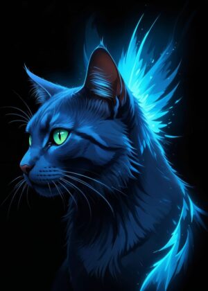Mystic Blue Cat in Moonlight - Premium Wooden Framed Poster. Ready to Hang.