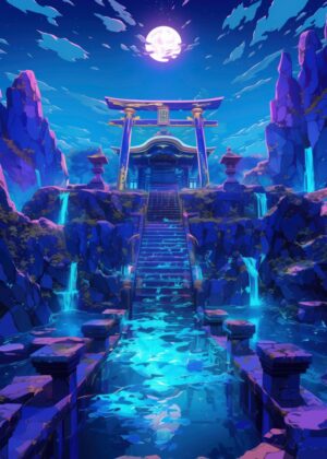 Moonlit Temple: Ethereal Japanese Shrine Artwork - Premium Wooden Framed Poster. Ready to Hang.