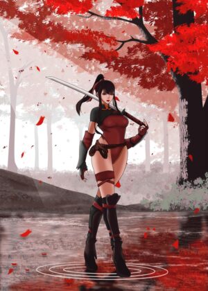 Crimson Autumn: A Demon Slayer's Journey - Premium Wooden Framed Poster. Ready to Hang.