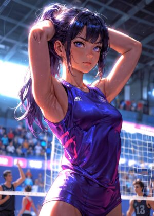 Anime Girl Volleyball Player: Dynamic Action Art Print - Premium Wooden Framed Poster. Ready to Hang.