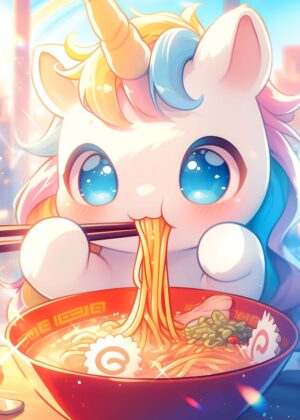 Adorable Unicorn Ramen Fairytale Art Print - Premium Wooden Framed Poster. Ready to Hang.
