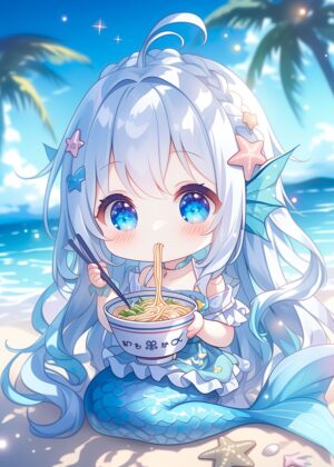 Adorable Fantasy Mermaid Enjoying Ramen - Premium Wooden Framed Poster. Ready to Hang.