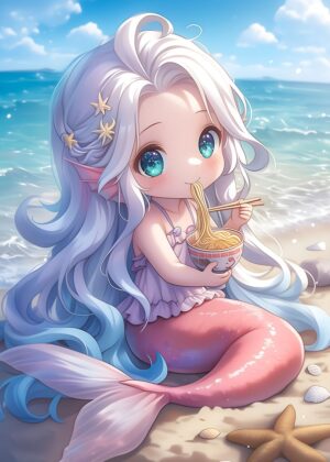 Magical Mermaid Ramen: Whimsical Anime Art Print - Premium Wooden Framed Poster. Ready to Hang.