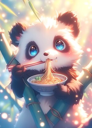 Adorable Panda Ramen Illustration: Anime-Style Digital Art Print - Premium Wooden Framed Poster. Ready to Hang.