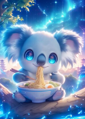 Fairytale Koala Ramen: Magical Anime Art Print - Premium Wooden Framed Poster. Ready to Hang.