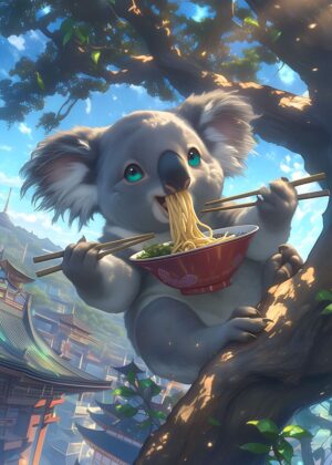 Adorable Koala Enjoying Ramen in a Serene Setting - Premium Wooden Framed Poster. Ready to Hang.