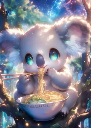 Adorable Fantasy Koala Enjoying Ramen: Digital Art Print - Premium Wooden Framed Poster. Ready to Hang.